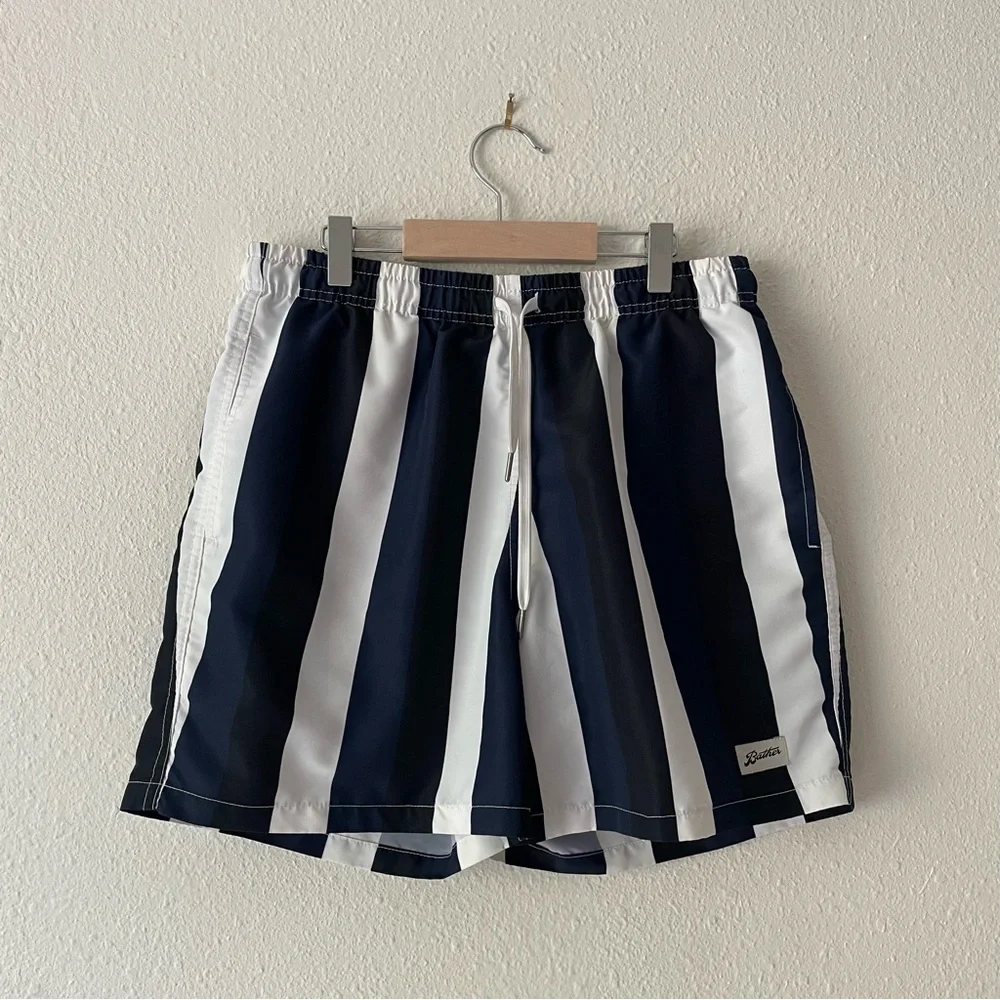 Bather men’s blue black white retro style striped swim trunks mesh lined, size M - Picture 1 of 13
